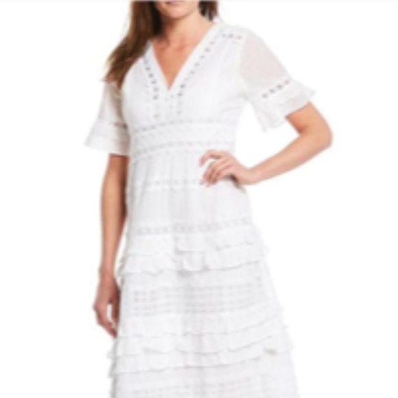 Reba Dresses Reba Mixed Lace Vneck Short Sleeve Tiered Dress Poshmark